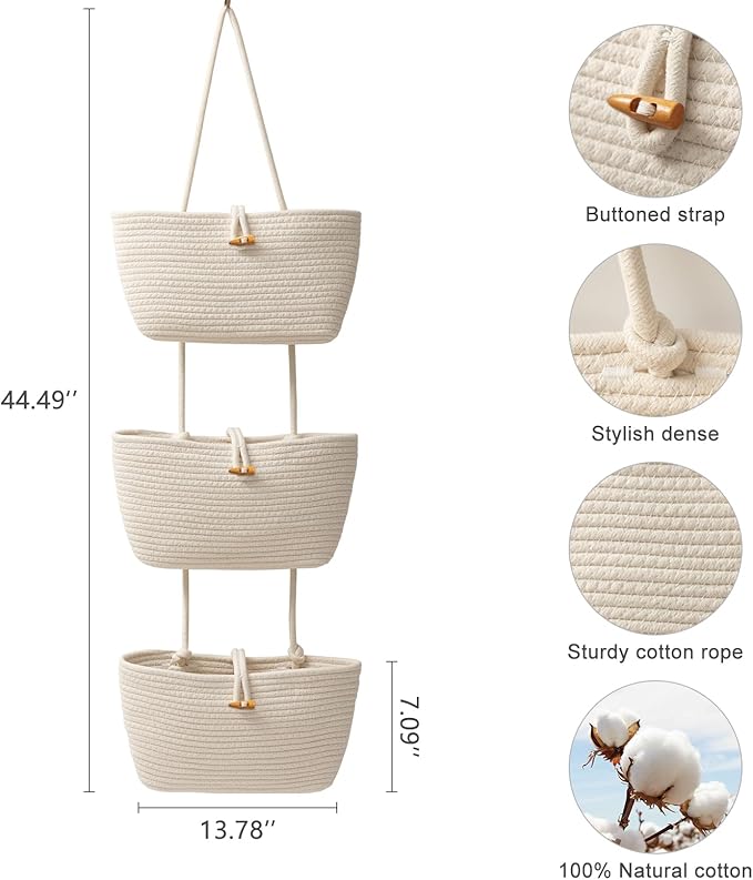 TeoKJ Over the Door Hanging Baskets with Button Strap, 3-Tier Woven Cotton Storage Organizer Bag, Wall-Mounted with Hook Decorative Hanging Kitchen Baskets - White