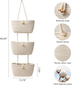 TeoKJ Over the Door Hanging Baskets with Button Strap, 3-Tier Woven Cotton Storage Organizer Bag, Wall-Mounted with Hook Decorative Hanging Kitchen Baskets - White