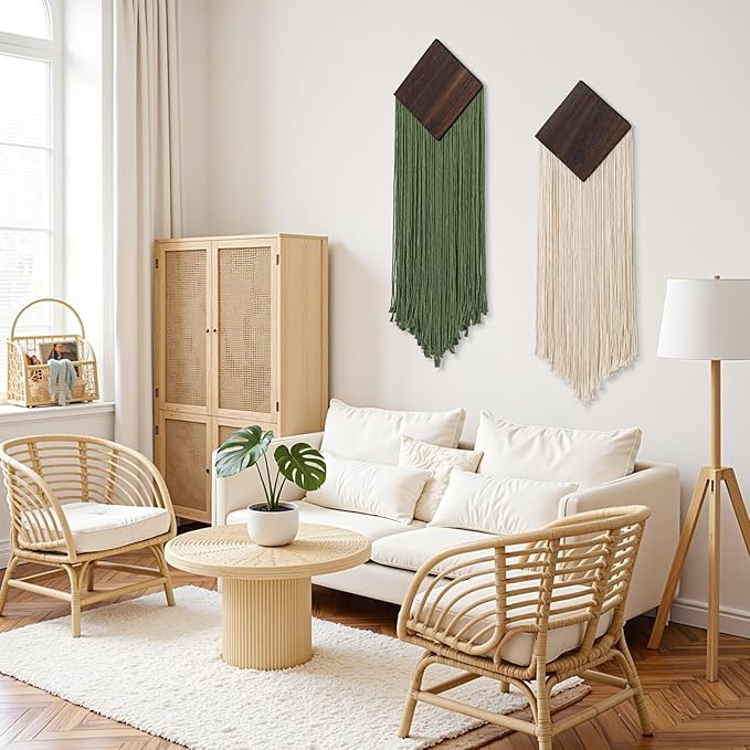KHOYIME Macrame Wall Hanging Boho Chic Home Decor, 2PCS Bohemian Green Beige Vertical Tassel Yarn Tapestry Modern Farmhouse Wall Art Decorations for Living Room Bedroom Nursery Office 11''W x 36''L