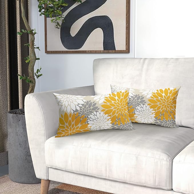 Yellow White Grey Gray Pillow Covers 12X20 Inch Set of 2, Modern Dahlia Floral Print Decorative Rectangle Throw Pillow Covers Outdoor Farmhouse Cushion Case for Home Couch Sofa Bed Decoration