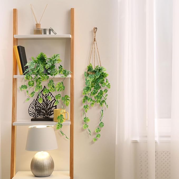 6 Set Mini Fake Hanging Plants with Woven Basket Boho Artificial Ivy Faux Vines Eucalyptus Leaf for Indoor Home Wall Living Room Bathroom Shelf Decor (Round Radish Leaf)
