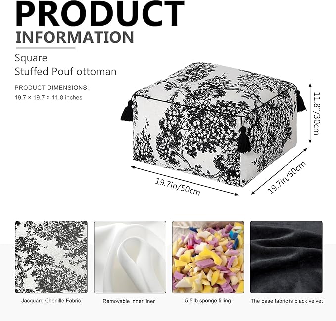 Square Pouf Ottoman Foot Stool with Tassels - Soft Chenille for Living Room & Office - Foot Rest, Home Decor & Removable Cover - Modern Black White Tree Design - 19.7" x 11.8"