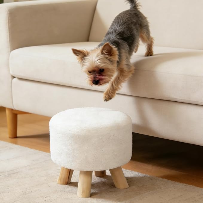 Asense 11-inch Round Ottoman Footstool,Small Padded Seat with Wood Legs,Foot Rest Stool for Living Room Bedroom Couch,White