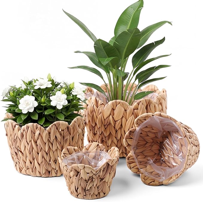 4 Pack Scalloped Wicker Plant Basket Water Hyacinth Plant Baskets Hand Woven Flower Pots Storage Containers with Plastic Liners for Indoor Outdoor Decoration, 10.2, 8.7, 7.5, 6 Inch(Untrim)