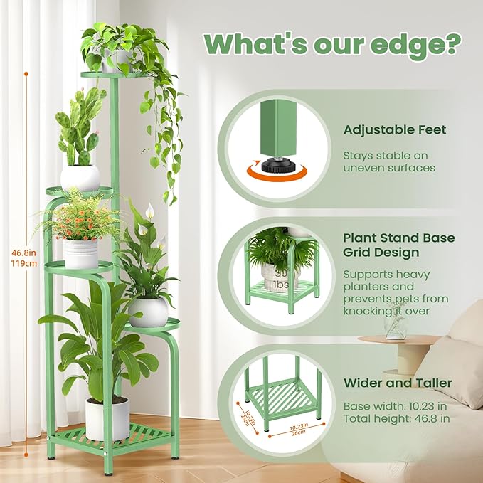 TOSKING 5 Tier Tall Plant Stand Indoor Outdoor,Anti-Tip Plant Stand indoor, Wide Base for Pots, Child and Pet Friendly,Heavy Duty Corner Shelf for Plants & Decor, Space Saving ,Tiered Metal Flower Pot Stand for Balcony, Garden, Living Room, Patio ( Sag...