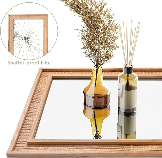 Rattan Full Length Mirror 27"x67", Boho Farmhouse Rectangle Floor Mirror, Solid Wooden Frame Woven Rattan Wall Mirror, Hanging Full Body Mirror for Living Room Bedroom Bathroom Entryway Nature