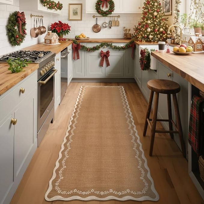 GarveeHome 2x6 Scalloped Washable Runner Rug for Kitchen, Soft Brown Hallway Runner Non Slip Entryway Rug Farmhouse Thin Laundry Mat Stain Resistant Carpet for Bedroom Bathroom Beside Rug