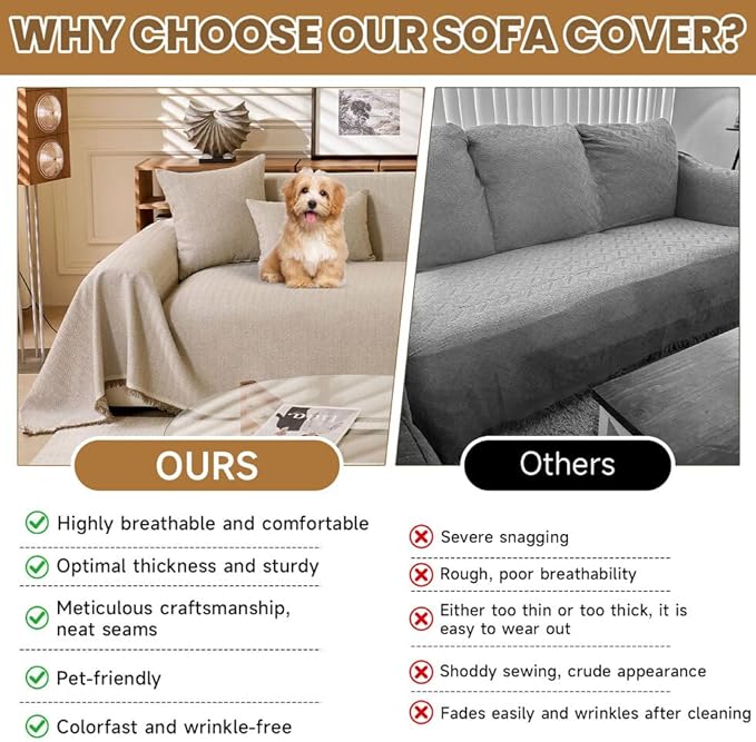 ROOMLIFE Boho Khaki Couch Covers for 3 Cushion Sofa, Couch Cover Sectional Sofa Cover for Dog, Washable Furniture Sofa Protector Cover Soft Blanket with Tassel for Living Room, 71''X134''