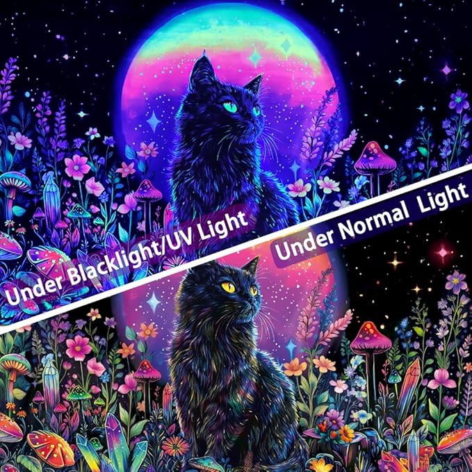 Dermijer Blacklight Black Cat Tapestry UV Reactive Moon Stars Floral Wall Hanging Tapestry Moonlit Garden Home Decor for Bedroom Living Room Dorm 78.7L x 59.1W