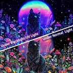 Dermijer Blacklight Black Cat Tapestry UV Reactive Moon Stars Floral Wall Hanging Tapestry Moonlit Garden Home Decor for Bedroom Living Room Dorm 92.5L x 70.8W