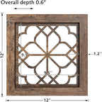 Set of 4 Boho Wall Mirrors with Carved Floral Design, 12x12 Inch Rustic Farmhouse Accent Mirrors, Vintage Style Shatterproof Square Mirror Decor for Living Room, Bedroom(Redbrown)