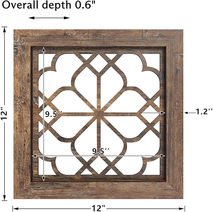 Set of 4 Boho Wall Mirrors with Carved Floral Design, 12x12 Inch Rustic Farmhouse Accent Mirrors, Vintage Style Shatterproof Square Mirror Decor for Living Room, Bedroom(Redbrown)