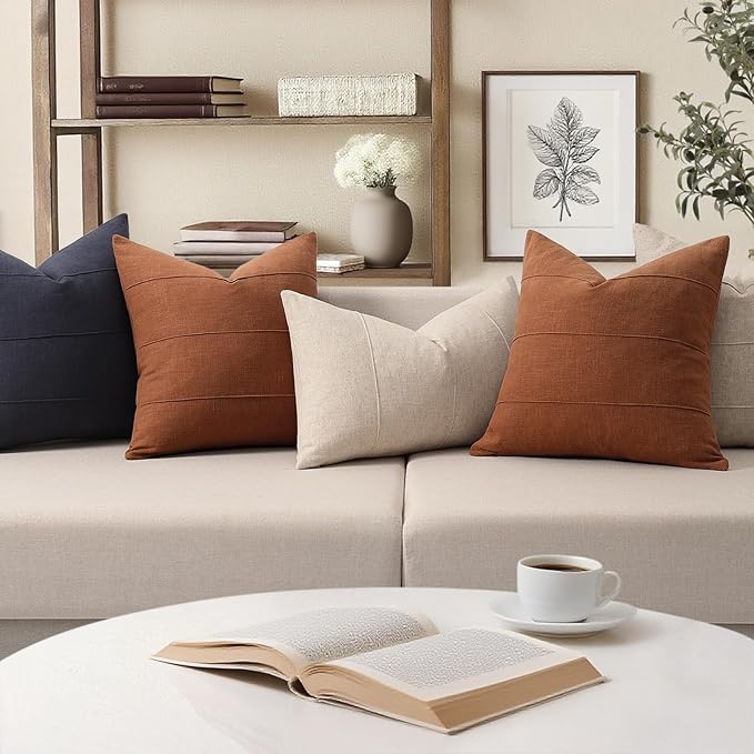 ZWJD Decorative Linen Throw Pillow Covers 20x20 Set of 2 Solid Handcrafted Striped Cushion Covers for Bed Soft Modern Farmhouse Neutral Pillowcase for Couch Bedroom Living Room Home Decor(Rust)