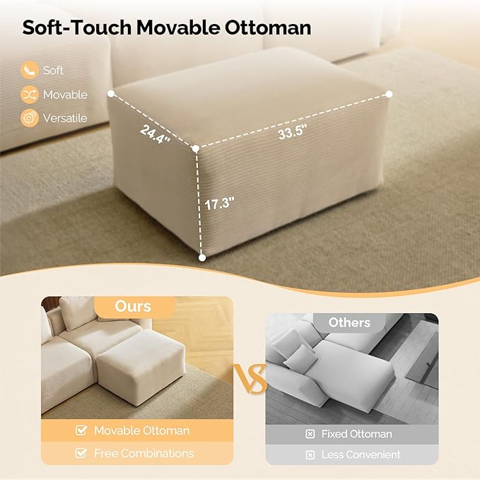 VINGLI 112.2“ Convertible Corduroy Cloud Sectional Couches with Movable Ottoman, L-Shaped Boneless Couches for Living Room with Deep Seat, 3 Seater Modular Spineless Sofa, No Assembly Required, Cream