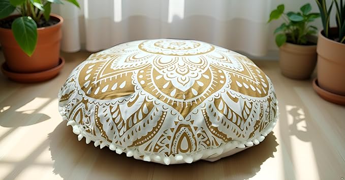 Large Round seat Floor Cushion Chair Ottoman Cover Pouf Pillow Meditation Floor Cushions for Adults Seating pouffe Ottoman Throw Covers Craft Room Furniture for Sitting Cover Gold White 32 inch Round