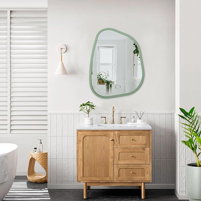 Asymmetrical Mirror for Wall Irregular Wood Frame Modern Unique Wall Mirror Decorative Vanity Bathroom Living Room Bedroom Entryway Hallway Artistic Mirror 20"x16"
