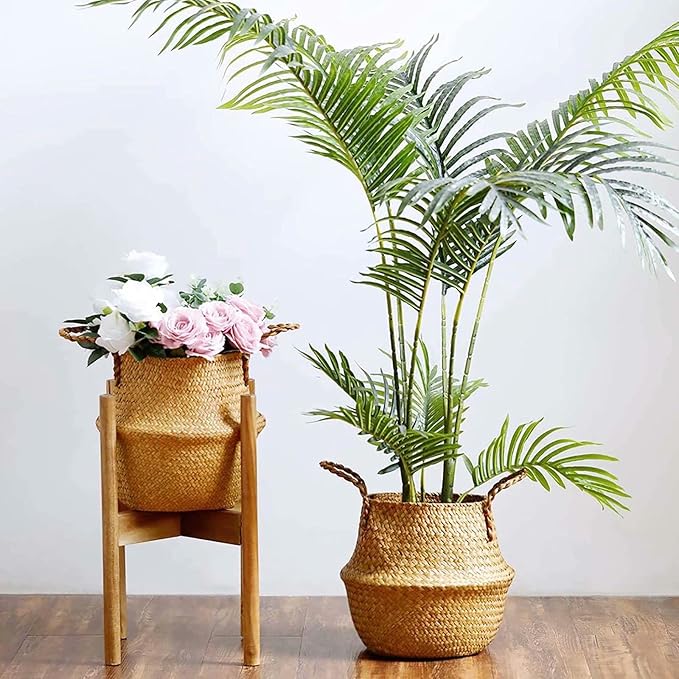 2 Pack Hand Woven Seagrass Plant Basket for Succulents,Boho Belly Plant Basket Home Storage Basket Extra Large Woven Straw Beach Bag Seagrass Flower Plant Container Modern Home Decor(Brown)