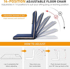 14-Position Adjustable Floor Chair with Back Support - Portable Gound Seating for Adults & Kids, Foldable Meditation Chair with Japanese KOYO Bearings & Washable Linen Cover (Blue)