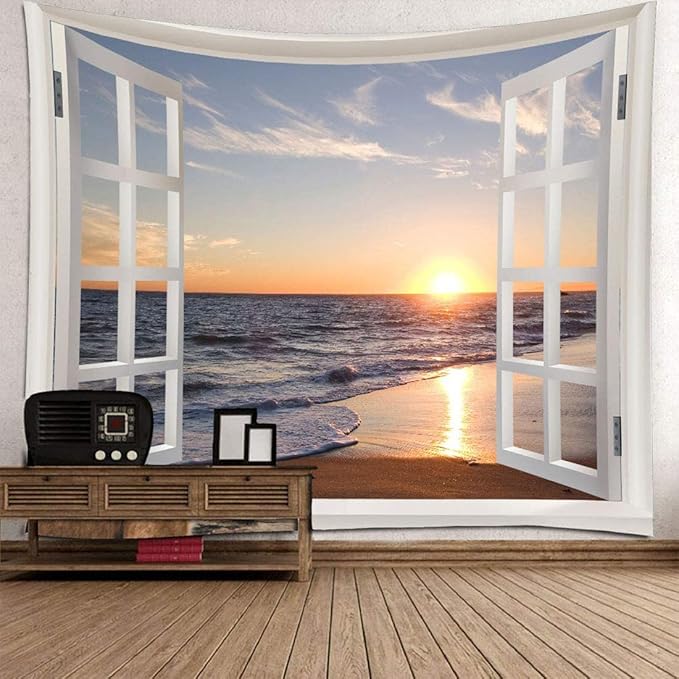 Homiest 3D Ocean Tapestry Wall Hanging Sun Sunset Sea Beach Landscape Tapestry Window Tapestries for Bedroom Living Room Home Decor 60x80 Inches