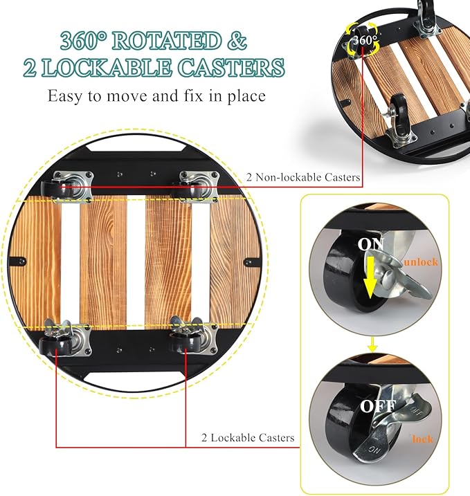 2 Pack Plant Caddy with Wheels, 12" Rolling Plant Stand 264 LB Heavy Duty, Iron and Wood Round Plant Dolly with Metal 360° Lockable Caster Wheels for Outdoor Indoor Large Plant Pots, Flower Pot, Patio
