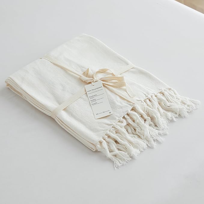 Simple&Opulence Boho Fringed Linen Throw Blanket for Bed, Couch, 50”x70” Pre-Washed Vintage Decorative Woven Blanket with Tassels, Breathable Durable Cozy Farmhouse for All Seasons (Ivory)