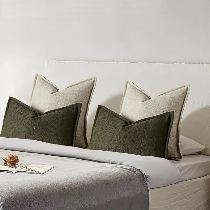 12x20 Linen Pillow Covers Olive Green Pack of 2 Farmhouse Boho Neutral Accents Striped Textured Rectangular Lumbar Decorative Throw Pillow Cases for Living Room Couch Bed Home Decor