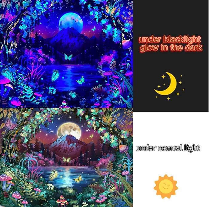 Jhdstore Blacklight Fantasy Forest Tapestry for Bedroom UV Reactive Tapestry Glow in the Dark Wall Tapestries Wall Hanging Galaxy Space Blacklight Posters for Bedroom Living Room Decor 60”x80”