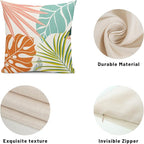 Summer Tropical Pillow Covers 18x18 Set of 2, Monstera Palm Leaf Pillowcase Green Orange Botanical Coral Summer Throw Pillows Outdoor Decor Farmhouse Cushion Case Linen Decorative for Home