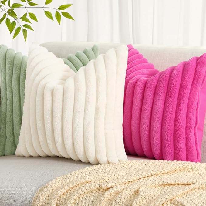 decorUhome Summer Cozy Faux Fur Throw Pillow Covers 20x20 Set of 2 Decorative Soft Plush Striped Modern Farmhouse Boho Couch Pillow Cases with Velvet Back for Sofa Bed Living Room, Sage Green