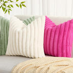 decorUhome Summer Cozy Faux Fur Throw Pillow Covers 24x24 Set of 2 Decorative Soft Plush Striped Modern Farmhouse Boho Couch Euro Sham Pillow Cases with Velvet Back for Sofa Bed Living Room, Hot Pink