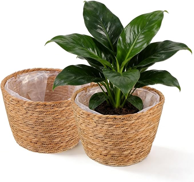 2PCS Seagrass Plant Basket for Indoor and Outdoor,Rattan Large Planter Basket with Liner for 6 inch Pot,Wicker Plant Pot Covers for Potted Plants,Woven Storage Baskets for Rustic Boho Farmhouse Decor