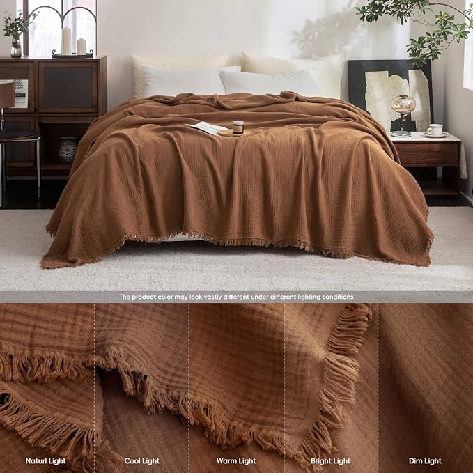 FOSSA Muslin Blanket with Fringe - 4-Layer 100% Cotton Gauze Super Soft & Breathable Throw -Lightweight Decorative Cooling Blanket for Bed, Sofa, Office -Throw XL Size 50" × 70" (Dark Orange)
