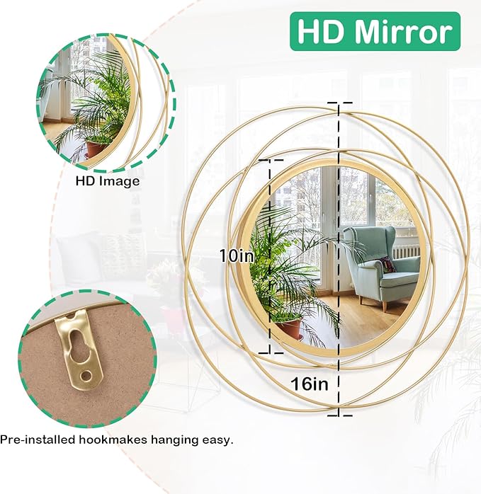 Large Round Mirror with Iron Metal Wire Frame Wall-Mounted Mirror for Home Decorative Living Room Bedroom Bathroom Entryway White 16” x 16”