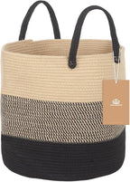 ShellKingdom Laundry Basket, Natural Rope Woven Storage Basket with Handles for Home, Living Room, Laundry, Storage Organizer for Blankets, Clothes, Plant, Toys, 15.7 x 13.8 INCH (3-Toned Khaki Black)
