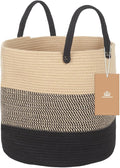 ShellKingdom Laundry Basket, Large Natural Rope Woven Storage Basket with Handles for Home, Living Room, Laundry, Storage Organizer for Blankets, Clothes, Toys, 19.7 x 14.9 INCH (3-Toned Khaki Black)