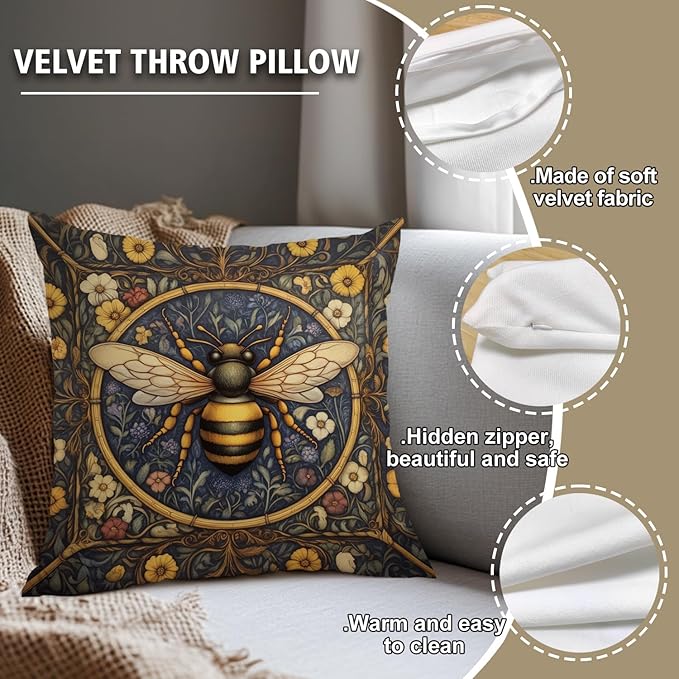 YOU FOUND ME William Morris Abstract Vintage Floral Bee Design Velvet Throw Pillow Covers Home Decor, Retro Art Decor Pillowcase Cushion Cover for Bed Sofa Living Room, Square 18x18inch (Bee)
