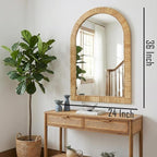 24x36 inch Rattan Arched Mirror for Wall, Bohemia Bathroom/Farmhouse Boho Mirrors, Vanity Irragular Decorative Arched Mirror, Suitable for, Bedroom, Living Room, Home Decoration