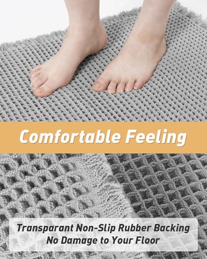 AMOAMI Upgraded Waffle Bath Mat, Super Absorbent Non Slip Bath Mats for Bathroom Floor, Washable Bathroom Rugs with Tassels, Rubber Backed Bathroom Mats, Ultra Soft, 24" x 36", Light Grey