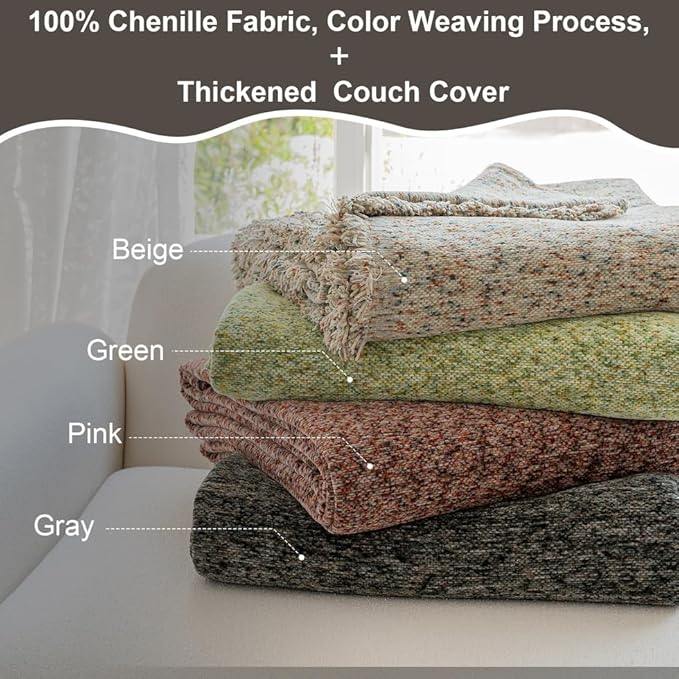 ROOMLIFE Gray Couch Cover Boho Sofa Covers for 3 Cushion Couch Washable, Furniture Protector Sofa Couch Cover for Dogs, Soft Chenille Sofa Slipcover, Couch Throw Blankets with Tassels 71 '' X 134''
