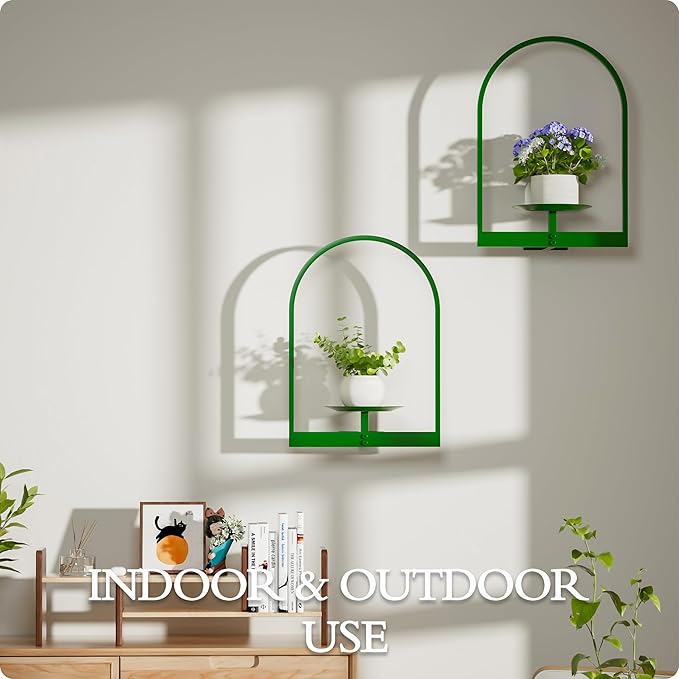 Green Metal Wall Plant Holder - 2-Pack Wall Mounted Plant Stands and Hanging Holders for Indoor Planter and Flower Pot - Arch Decor Shelf for Plant Storage (Pot Not Included)