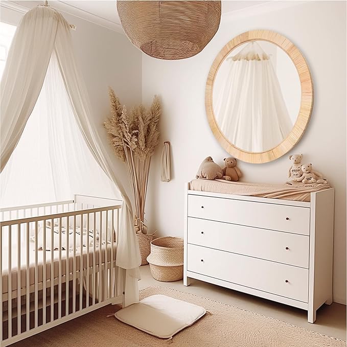 Rattan Mirror,Round Boho Bathroom Mirror for Wall,24" Circle Wicker Vanity Mirror for Nursery Décor,Coastal Farmhouse Wood Mirror for Bedroom Entryway Living Room