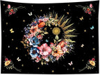 EOBTAIN Boho Floral Tapestry Wall Hanging Colorful Butterfly and Flower Botanical on Black Fabric Wall Tapestry for Bedroom Retro Hippie Sun Tapestries for Living Room Dorm Home Decor,80"x60"