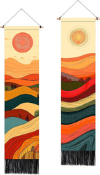 AOHMPT Pack of 2 Long Vertical Tapestry,Nature Landscape Tapestry with Serene Mountain River, Moon & Sun Motifs,Traditional Ink Painting Wall Art , Zen Aesthetic Wall Hanging for Living Room Bedroom Decor 13" W x 51" H"
