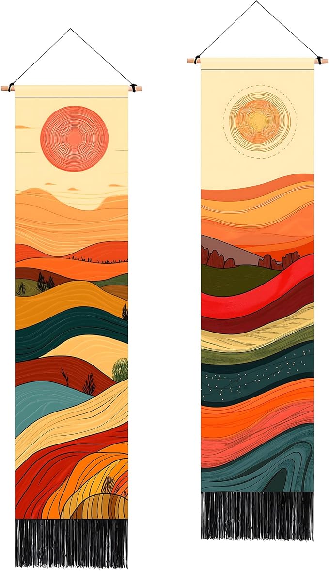 AOHMPT Pack of 2 Long Vertical Tapestry,Nature Landscape Tapestry with Serene Mountain River, Moon & Sun Motifs,Traditional Ink Painting Wall Art , Zen Aesthetic Wall Hanging for Living Room Bedroom Decor 13" W x 51" H"
