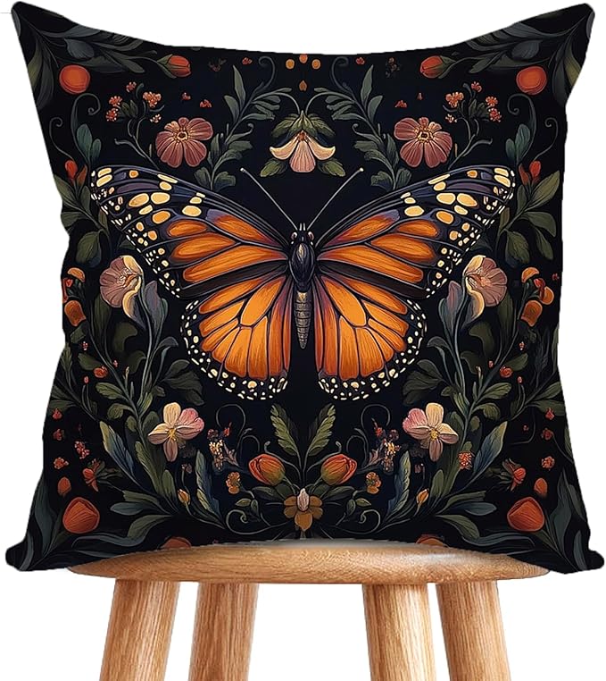 William Morris Abstract Vintage Floral Velvet Butterfly Design Throw Pillow Covers Home Decor, Retro Art Decor Pillowcase Cushion Cover for Bed Sofa Living Room, Square 18x18inch (Black-Butterfly)