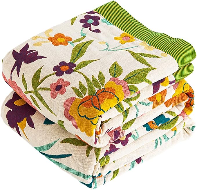 Boho Throw Blanket for Bed, 100% Organic Cotton Breathable Ultra Soft 60" x 80" Quilt Throw - All Season Floral Rustic Farmhouse Decor Luxury Reversible Blanket for Sofa Couch Chair and Gift