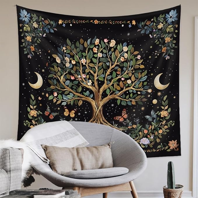 90”x 71” Large Tree of Life Tapestry Wall Hanging Boho Spiritual Wall Tapestry for Bedroom Aesthetic Large Sacred Wall Hangings Tapestries Black Botanical Nature Tapestries Living Room Dorm Decor