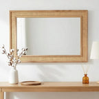 Rectangle Rattan Mirror, 24"x36" Rattan Wall Mirror for Bathroom, Large Farmhouse Wooden Mirror with Handmade Wicker Frame, Decorative Boho Mirror for Nursery Bedroom Living Room Entryway Nature