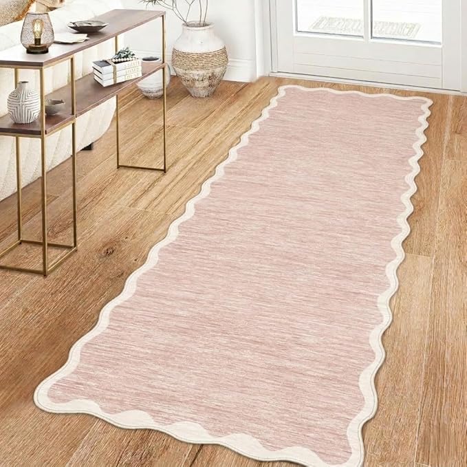 GarveeHome Scalloped Washable Runner Rug 2x6 Runner Non Slip Kitchen Rug Modern Pink Rug Entryway Rug Farmhouse Soft Bathroom Rugs Stain Resistant Carpet for Hallway Laundry Bedroom 2'x6' Pink