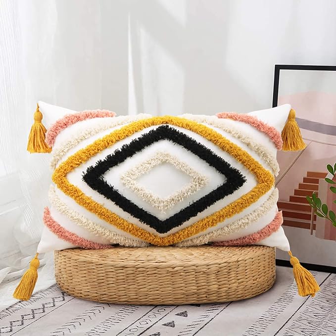 JASEN Colorful Boho Throw Pillow Covers 12x20, Diamond Pattern Lumbar Pillow Covers with Tassel Woven Tufted Decorative Pillow Cover for Couch Sofa Bedroom Living Room